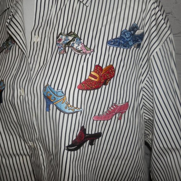 Plus Size Top 1X Striped Shoe Appliques Button Down Casey Coleman - Picture 2 of 5